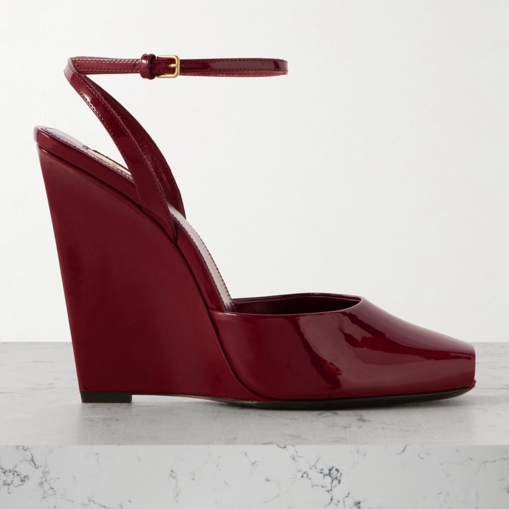 Saint Laurent La Scandale Patent Burgundy Wedge Sandals